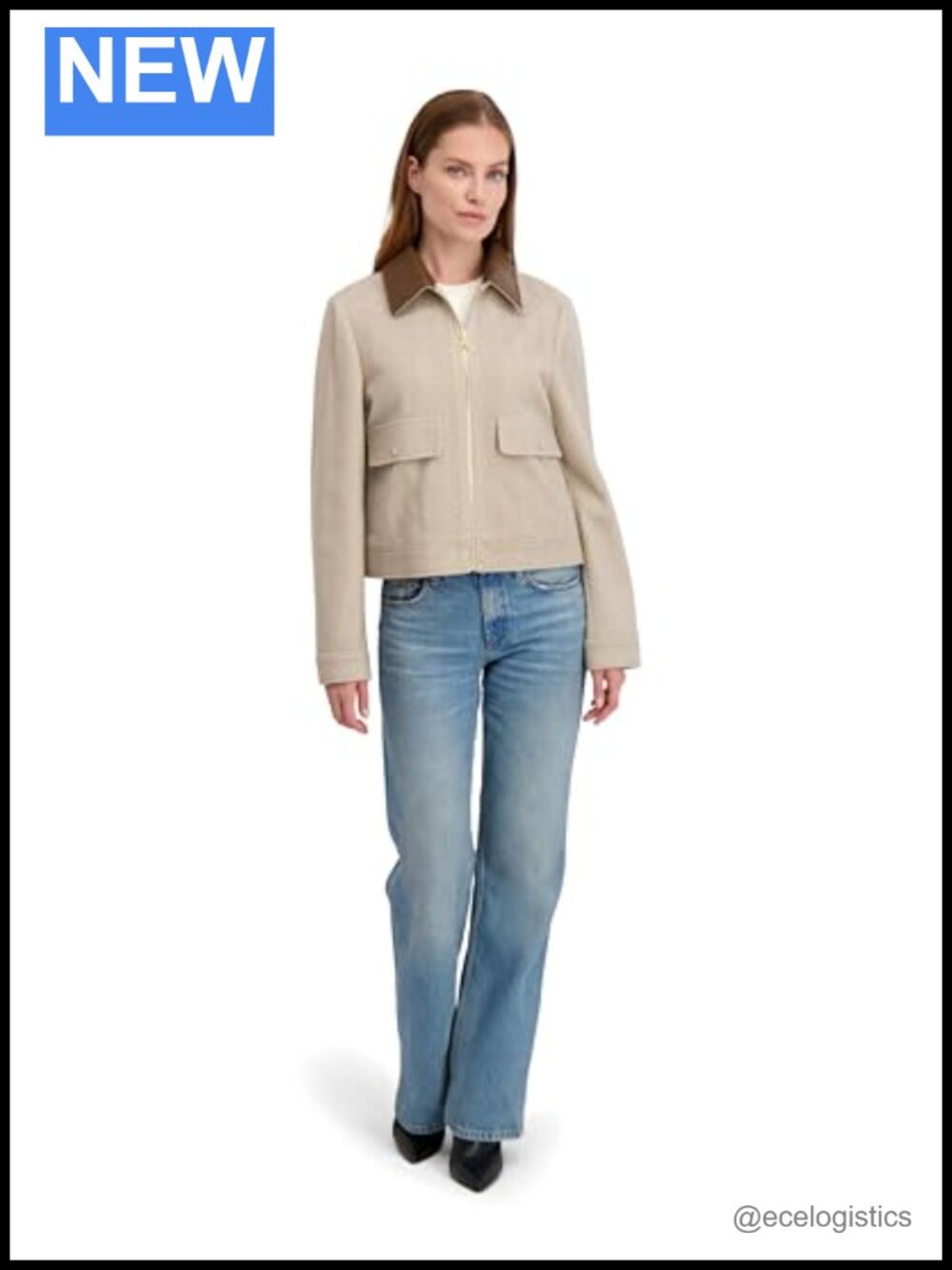 Cropped Faux Wool Jacket With PU Collar Zip Front Flap Pockets